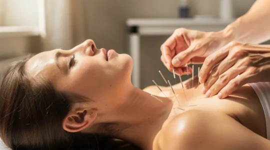 Séance d'acupuncture montrant l'insertion d'aiguilles sur les points énergétiques du corps