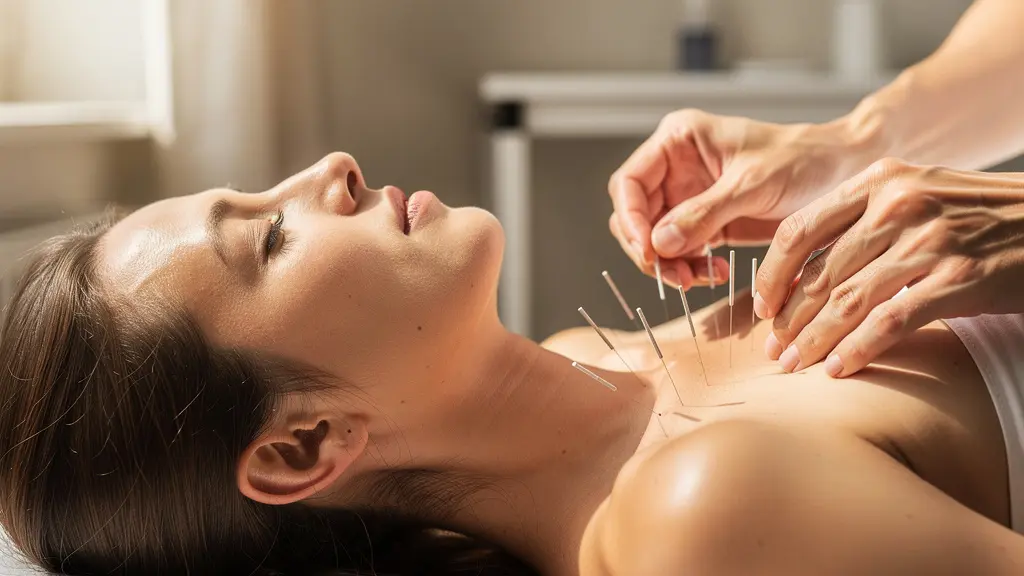 Séance d'acupuncture montrant l'insertion d'aiguilles sur les points énergétiques du corps