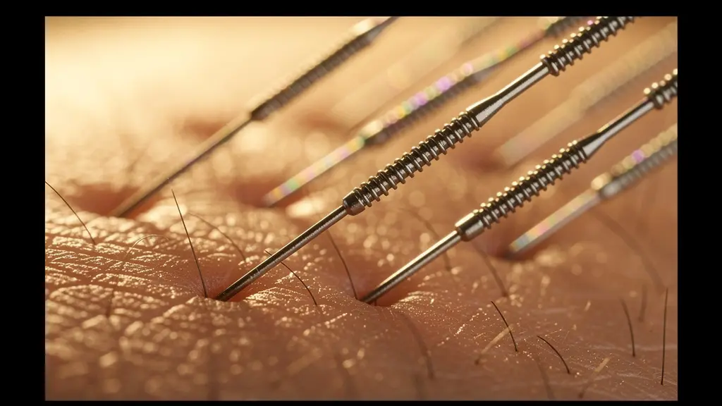 Gros plan macro sur des aiguilles d'acupuncture avec effets de lumière suggérant la circulation énergétique