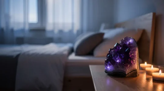 Géode d'améthyste violette brillante placée dans une chambre paisible pour favoriser le sommeil réparateur