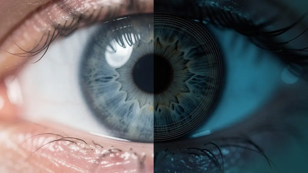 Vue macro d'un iris montrant des anneaux concentriques clairs caractéristiques du stress nerveux