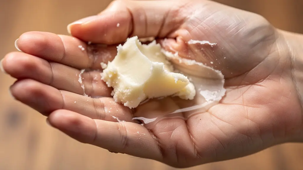 Mains frottant délicatement du beurre de karité pour le faire fondre par friction