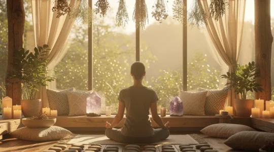 Vue apaisante d'un espace de méditation avec pierres de lithothérapie et éléments naturels pour la guérison holistique