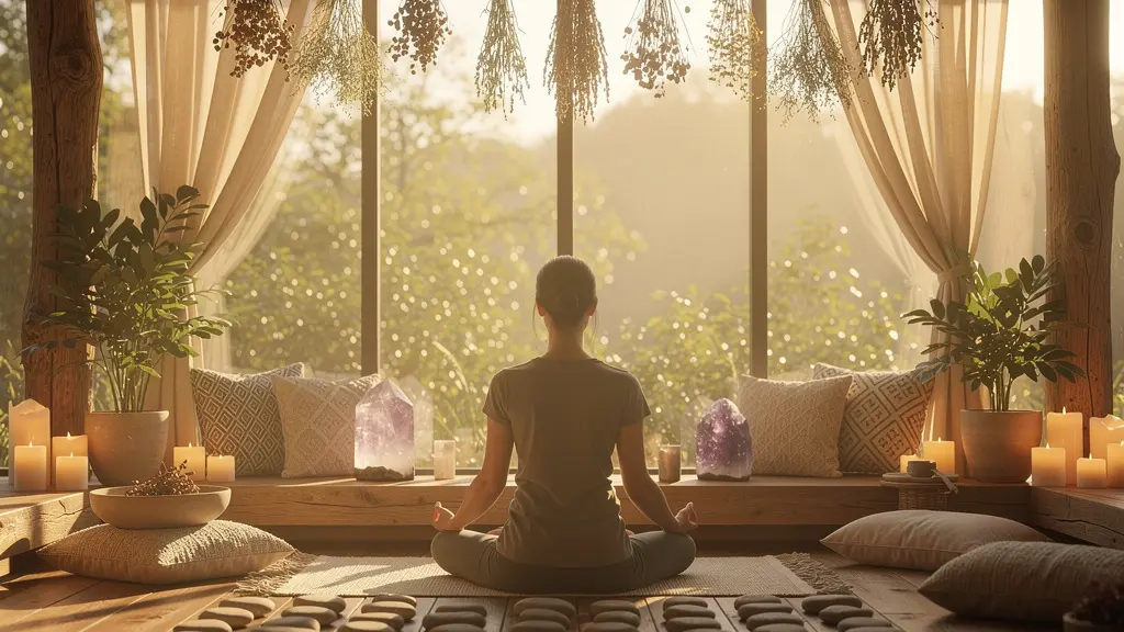 Vue apaisante d'un espace de méditation avec pierres de lithothérapie et éléments naturels pour la guérison holistique