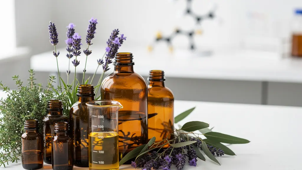 Composition professionnelle montrant des flacons d'huiles essentielles avec des plantes aromatiques dans un environnement scientifique moderne