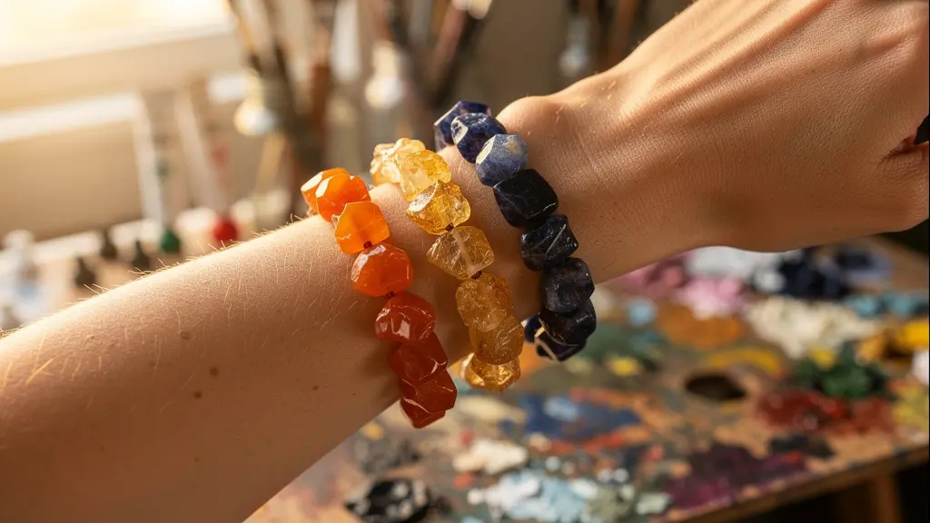 Poignet d'artiste portant trois bracelets baroques colorés devant une palette de peinture floue