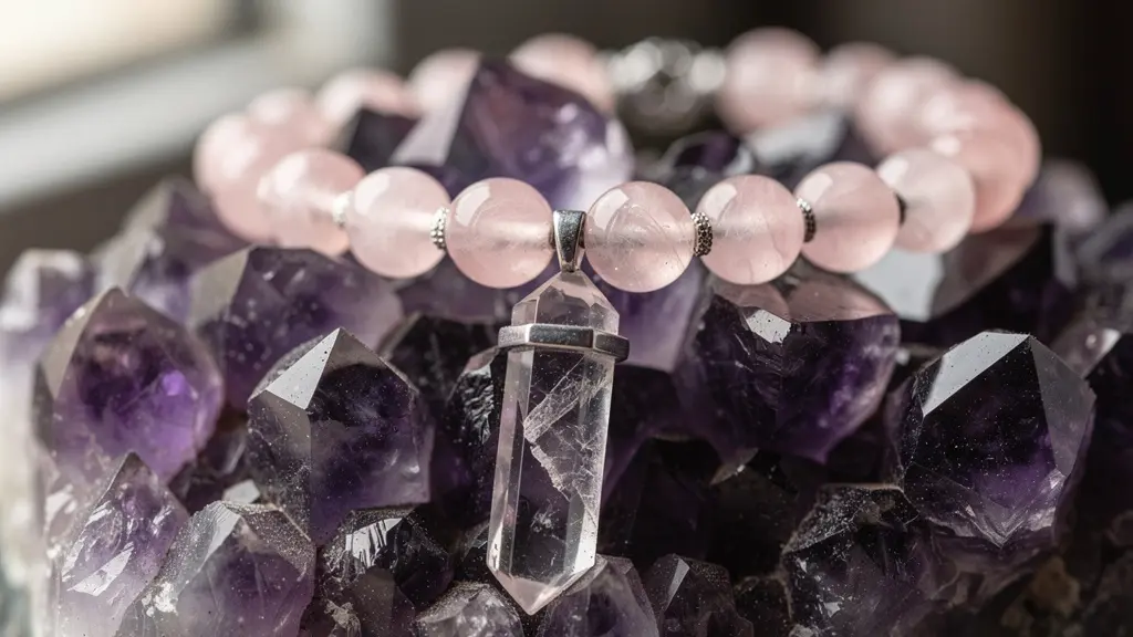 Petits bijoux en pierres naturelles déposés délicatement dans une géode d'améthyste violette