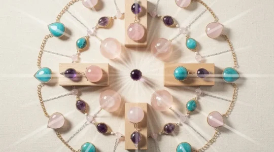 Composition artistique montrant différents bijoux en pierres naturelles positionnés sur des zones corporelles spécifiques avec des effets lumineux suggérant l'énergie vibratoire