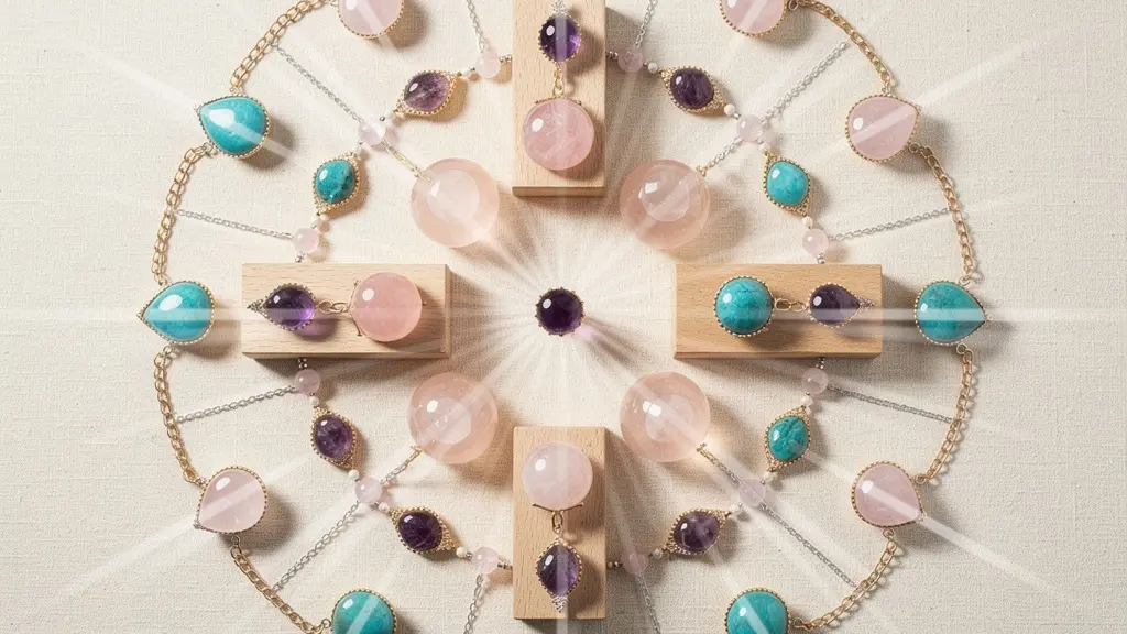 Composition artistique montrant différents bijoux en pierres naturelles positionnés sur des zones corporelles spécifiques avec des effets lumineux suggérant l'énergie vibratoire