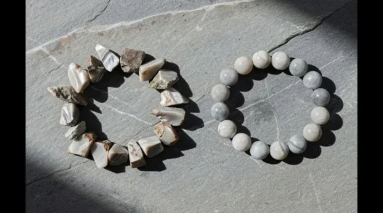 Comparaison visuelle entre un bracelet en pierres chips baroques et un bracelet en perles rondes parfaites posés sur une surface minérale naturelle