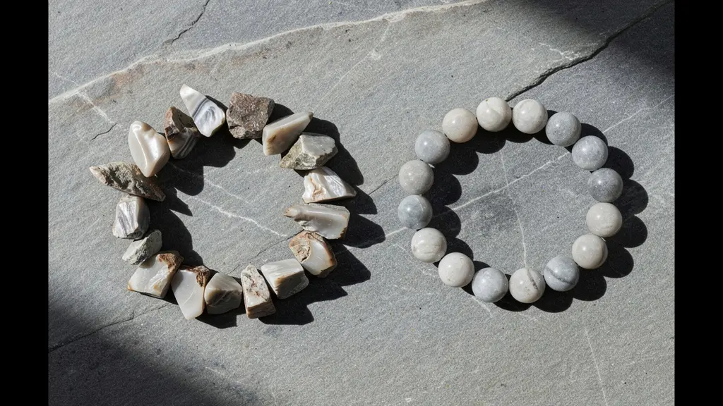 Comparaison visuelle entre un bracelet en pierres chips baroques et un bracelet en perles rondes parfaites posés sur une surface minérale naturelle