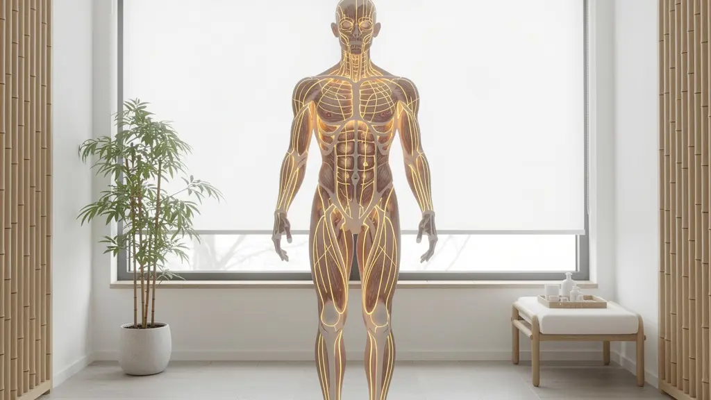 Représentation visuelle des trajets des méridiens énergétiques sur le corps humain