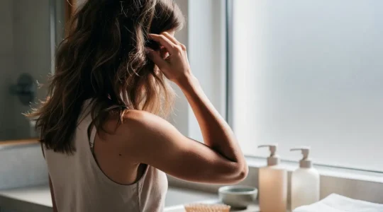 Femme touchant ses cheveux en transition vers un shampoing sans sulfate, illustrant la phase poisseuse temporaire