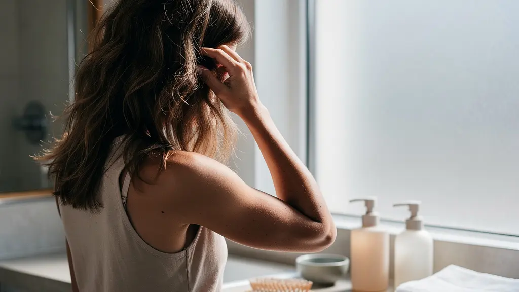 Femme touchant ses cheveux en transition vers un shampoing sans sulfate, illustrant la phase poisseuse temporaire