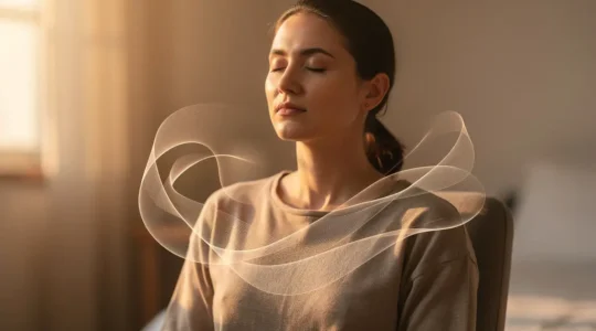 Personne pratiquant la cohérence cardiaque dans un environnement apaisant avec visualisation abstraite du rythme respiratoire