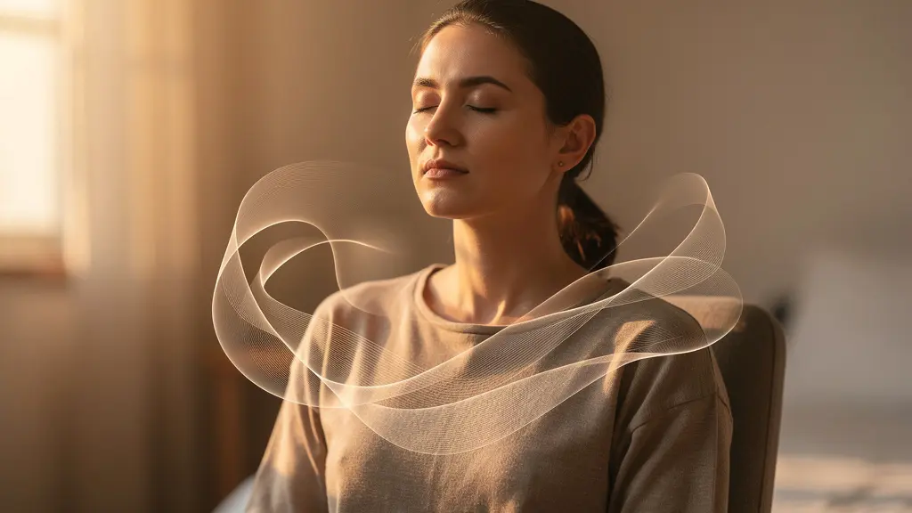 Personne pratiquant la cohérence cardiaque dans un environnement apaisant avec visualisation abstraite du rythme respiratoire