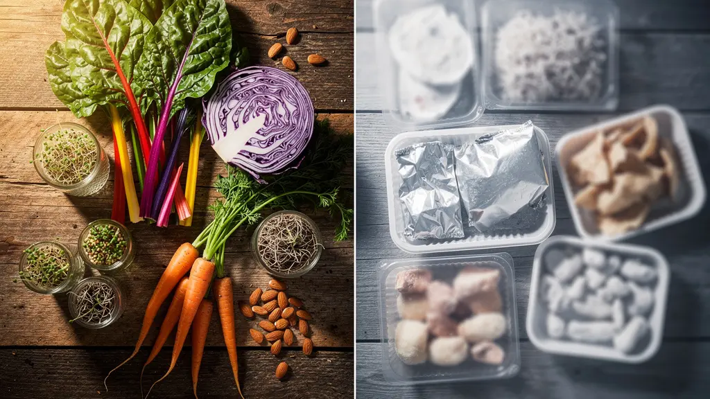 Composition artistique montrant la dualité entre aliments frais colorés et aliments transformés ternes