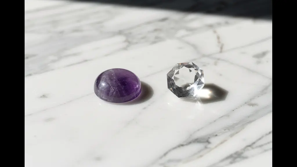 Composition minimaliste montrant côte à côte une perle ronde lisse et une pierre facettée avec jeux de lumière différents