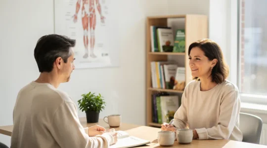 Première consultation de naturopathie dans un cabinet lumineux avec praticien et patient en discussion