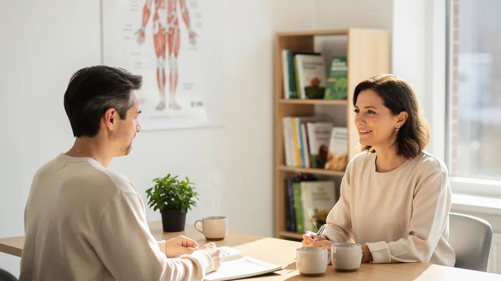 Première consultation de naturopathie dans un cabinet lumineux avec praticien et patient en discussion