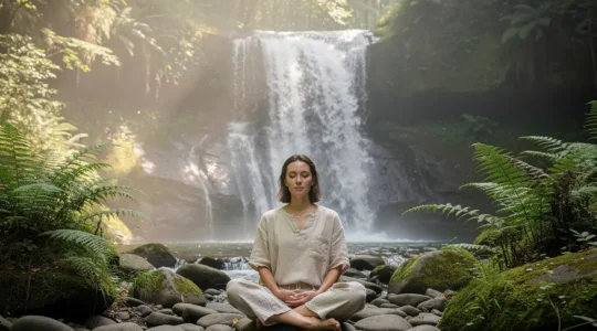 Une femme en méditation devant une cascade naturelle, symbolisant l'autorégulation du corps