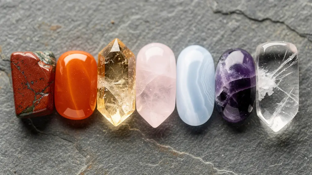 Gros plan macro sur des cristaux de différentes couleurs alignés représentant les chakras