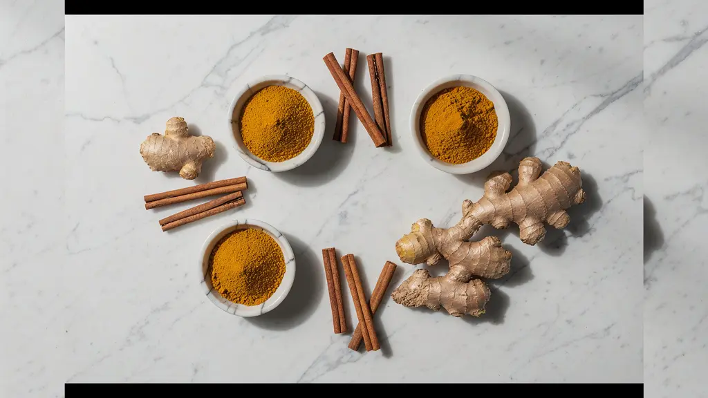 Arrangement minimaliste d'épices douces anti-inflammatoires sur marbre blanc