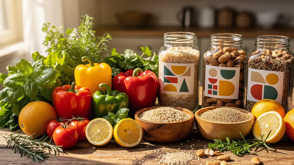 Composition équilibrée d'aliments frais et colorés disposés harmonieusement sur une table en bois naturel