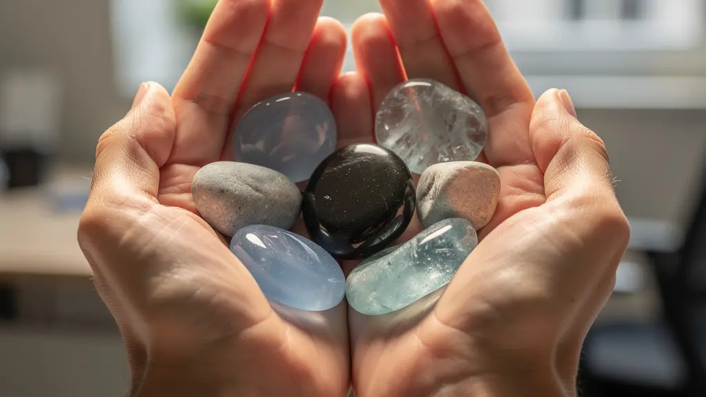 Composition harmonieuse de pierres protectrices et communicantes sur bureau