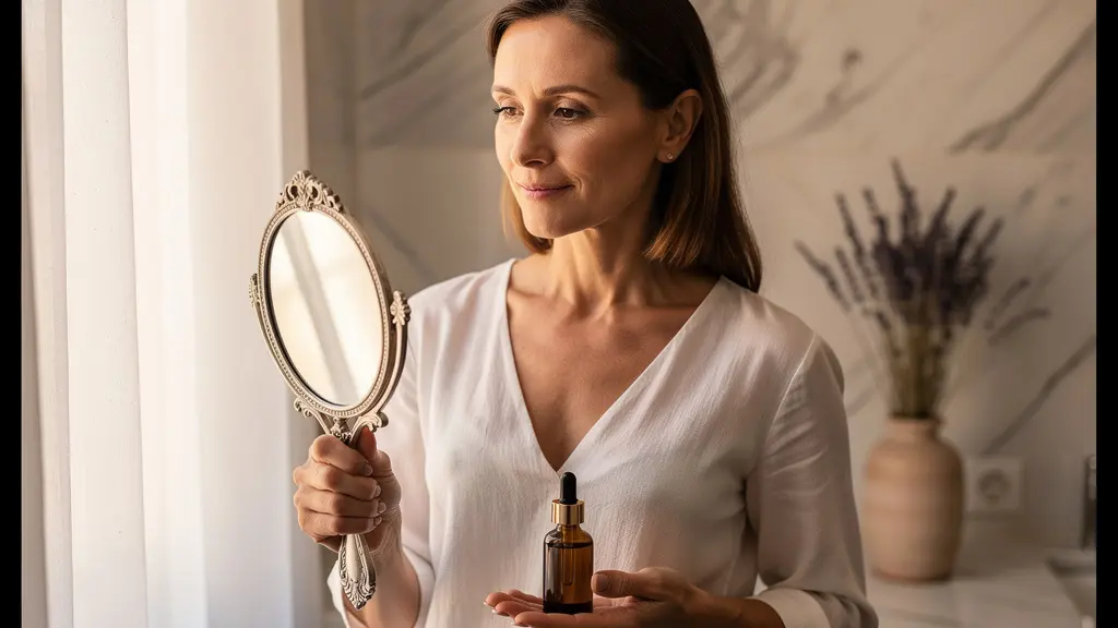 Femme observant sa peau apaisée dans un miroir avec lumière naturelle douce