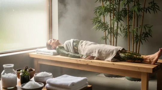 Femme profitant d'un soin de thalassothérapie aux algues dans une ambiance spa à domicile