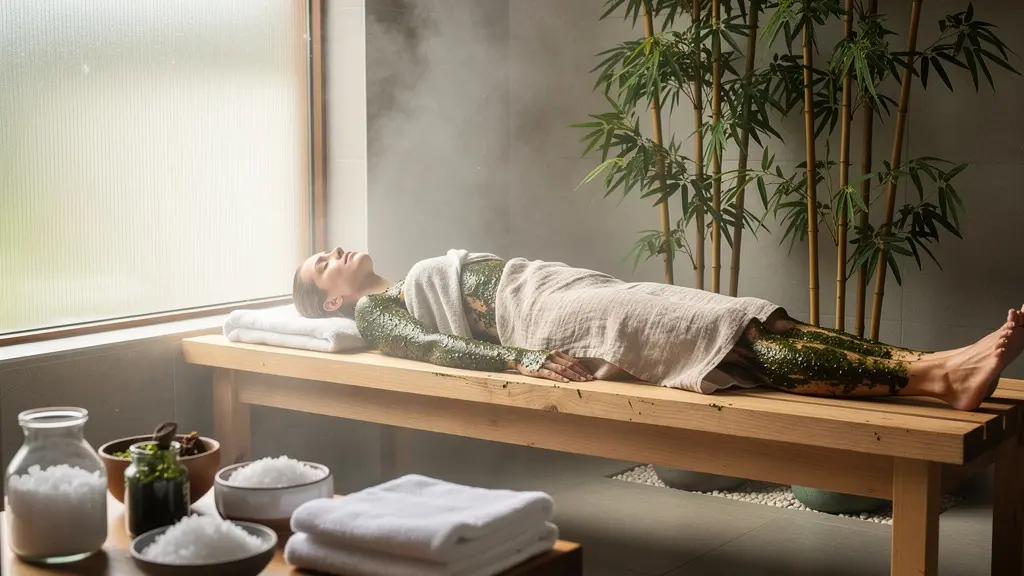 Femme profitant d'un soin de thalassothérapie aux algues dans une ambiance spa à domicile