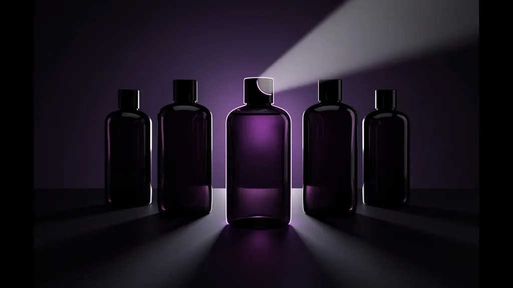 Flacons en verre violet protecteur dans une ambiance sombre et élégante