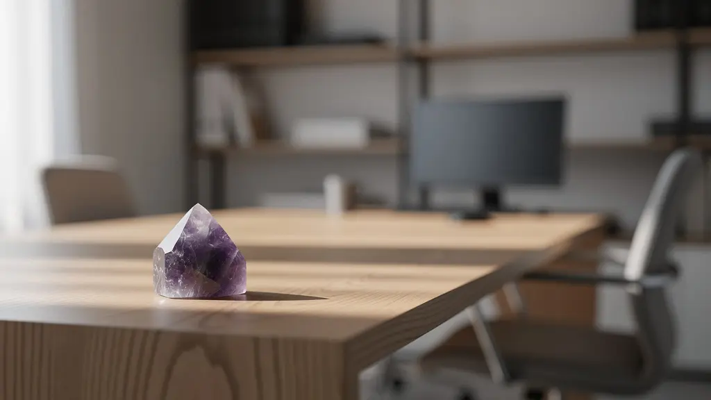 Pierre de fluorite violette posée sur un bureau en bois dans un environnement de travail épuré