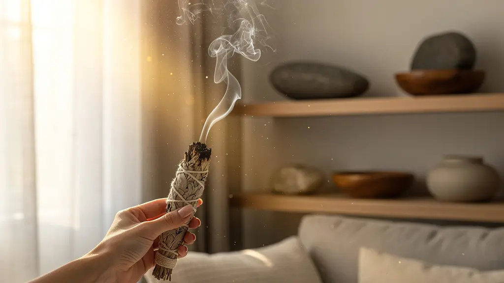 Rituel de fumigation à la sauge blanche dans un intérieur moderne et épuré