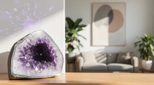 Géode d'améthyste ouverte rayonnant une lumière violette douce dans un intérieur épuré