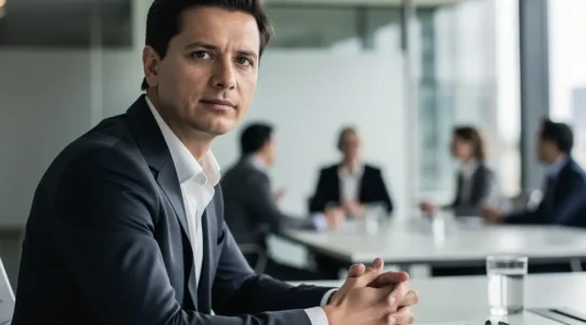 Femme en costume professionnel pratiquant une respiration profonde dans un open space moderne et lumineux