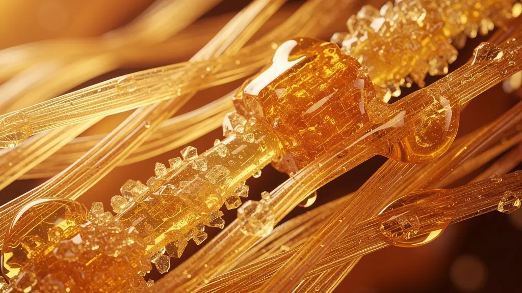 Vue macro de fibres de collagène montrant le processus de glycation