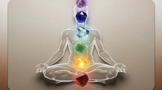 Composition artistique de sept cristaux alignés sur un corps en méditation représentant l'harmonisation des chakras