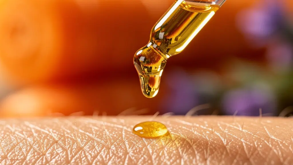 Flacon d'huile essentielle entouré de carottes fraîches et fleurs de ciste sur fond lumineux