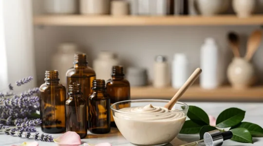 Laboratoire de cosmétique naturelle avec huiles essentielles, flacons ambrés et plantes aromatiques