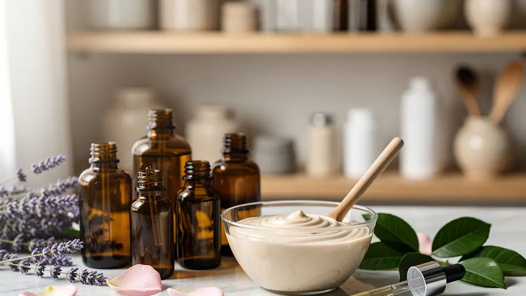 Laboratoire de cosmétique naturelle avec huiles essentielles, flacons ambrés et plantes aromatiques