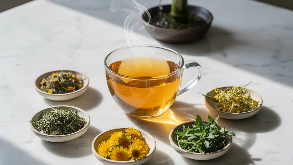 Composition minimaliste d'une tasse de tisane drainante avec plantes séchées dans un environnement zen