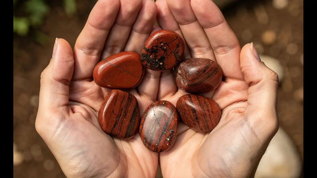 Mains tenant des pierres de jaspe rouge pendant une séance de méditation d'ancrage