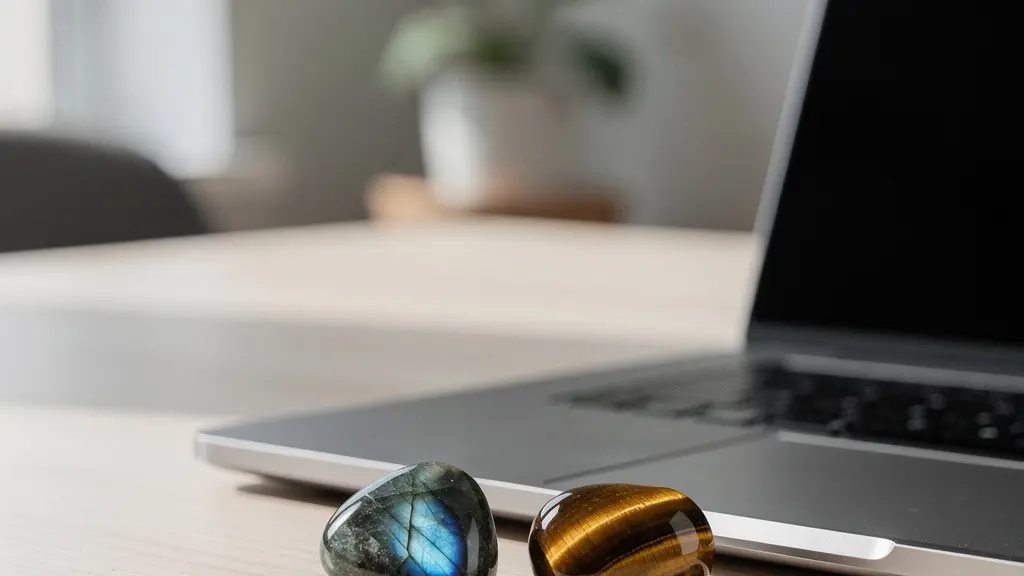 Composition minérale de labradorite et œil de tigre dans un environnement de bureau moderne