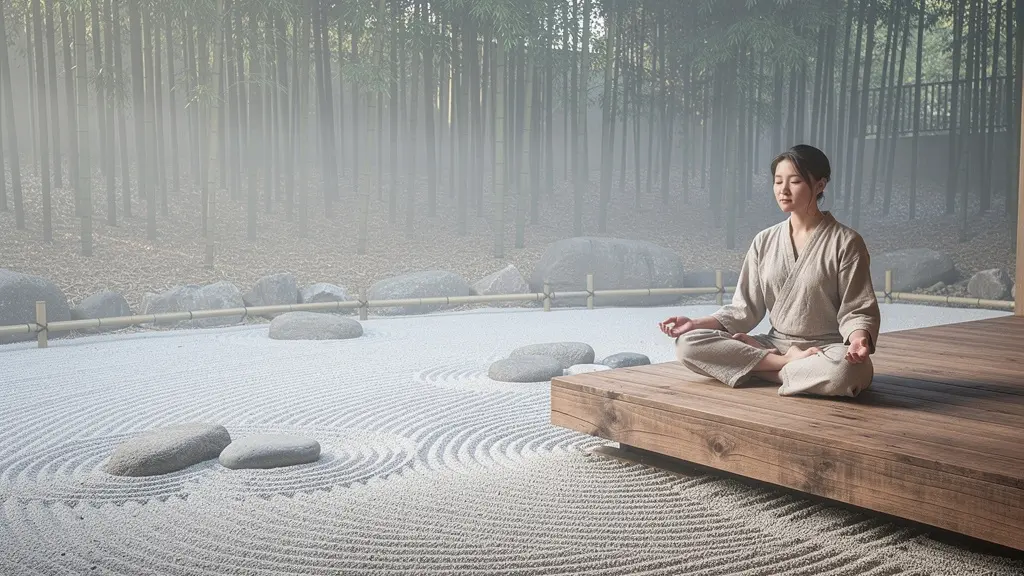 Vue grand angle d'un jardin zen minimaliste avec une personne assise en méditation
