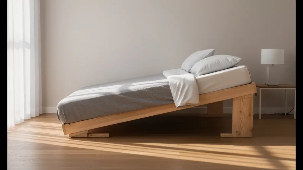 Vue latérale d'un lit avec les pieds surélevés montrant l'inclinaison douce pour le retour veineux