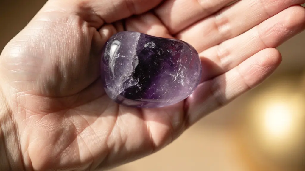 Main gauche tenant délicatement une pierre d'améthyste violette polie en position de méditation