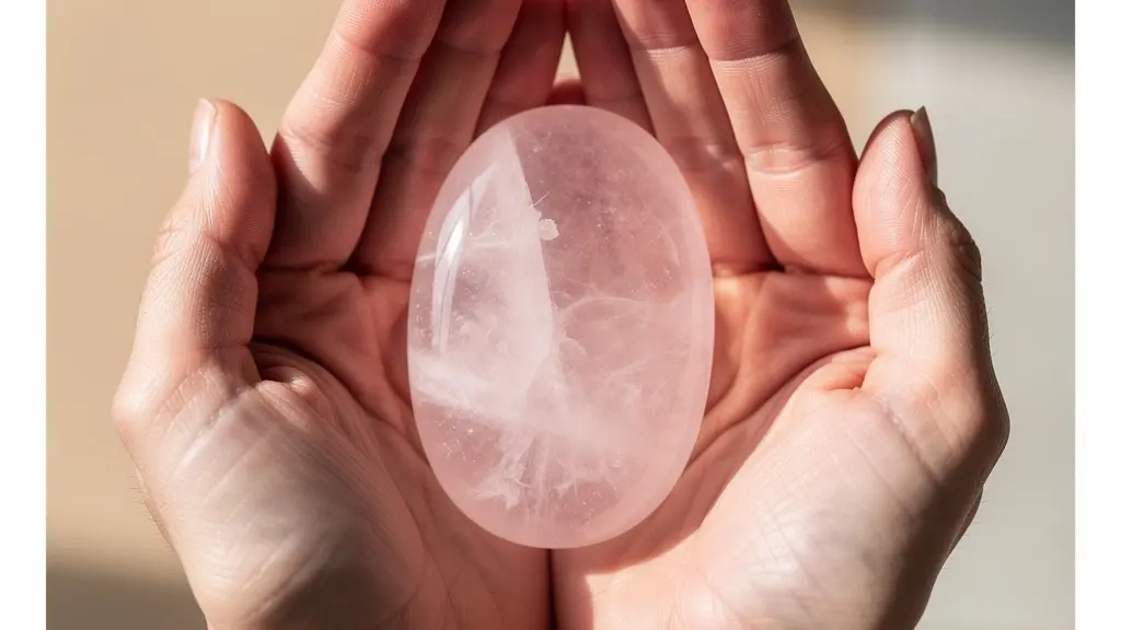 Mains en coupe tenant délicatement un cristal de quartz rose pendant une méditation