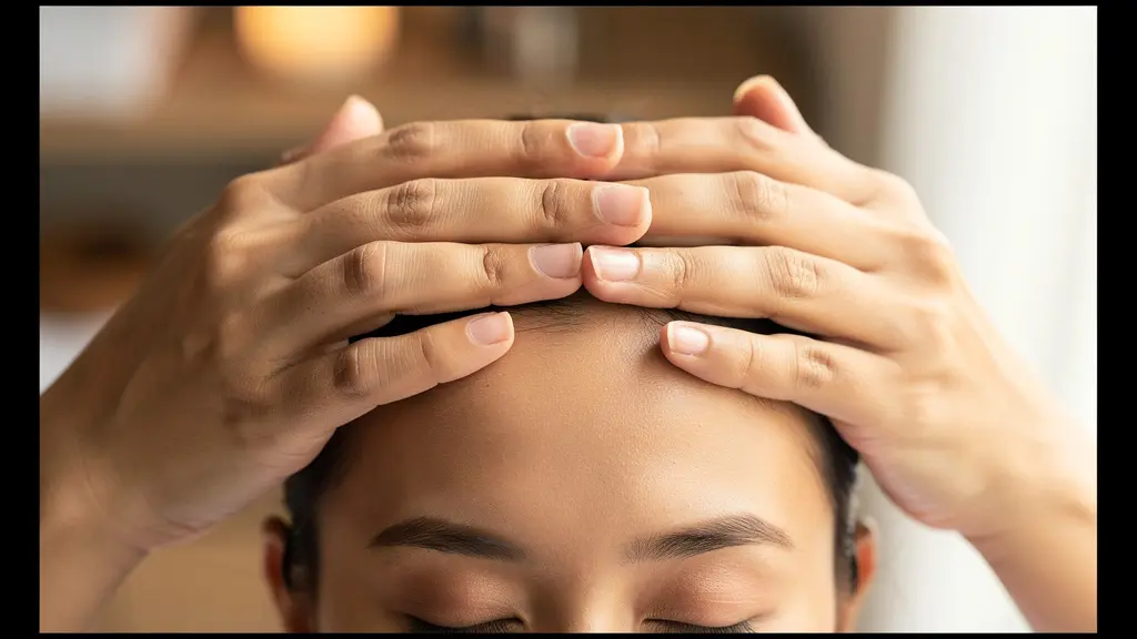 Mains effectuant un massage crânien avec des mouvements circulaires pour stimuler la circulation sanguine